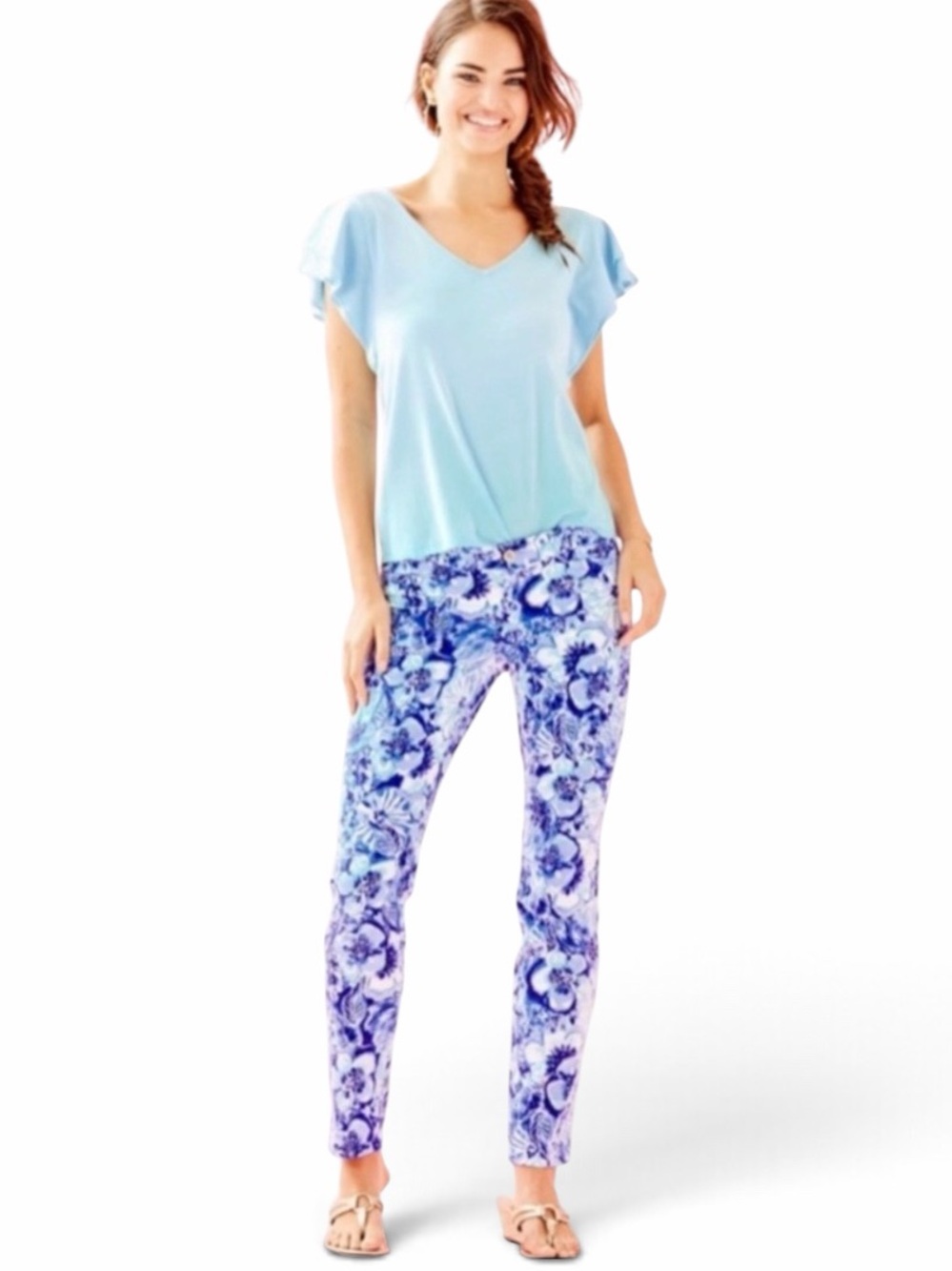 Lilly Pulitzer Blue & White Coastal Blue Catch N Keep Kelly Skinny Ankle Pants 6